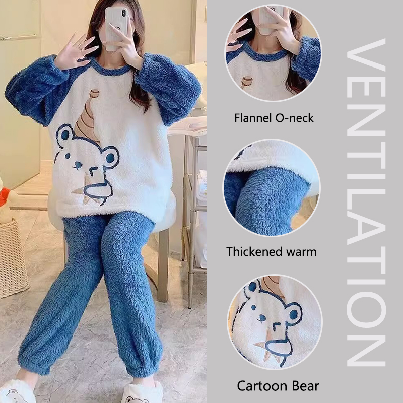 AliExpress Thickened Warm Winter Flannel Ladies Pajamas Top and Pants Padded Nightwear Homewear Cartoon Bear Women's Sleepwear Loungewear, view 3