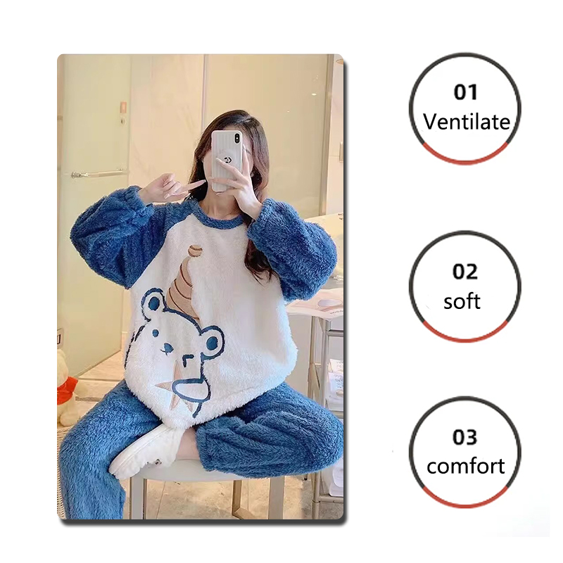AliExpress Thickened Warm Winter Flannel Ladies Pajamas Top and Pants Padded Nightwear Homewear Cartoon Bear Women's Sleepwear Loungewear, view 4