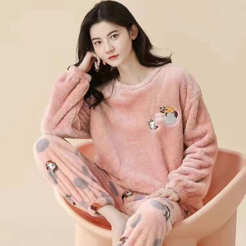 AliExpress Thickened Warm Winter Flannel Ladies Pajamas Top and Pants Padded Nightwear Homewear Cartoon Bear Women's Sleepwear Loungewear, view 5