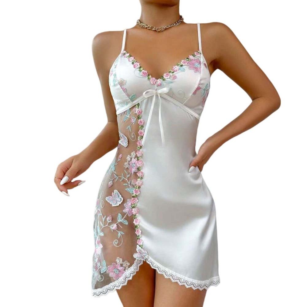 AliExpress Thin Lace Bow Women's Pajama Dress Embroidered Mesh Transparent Ice Silk Suspender Nightdress Split Sleepwear