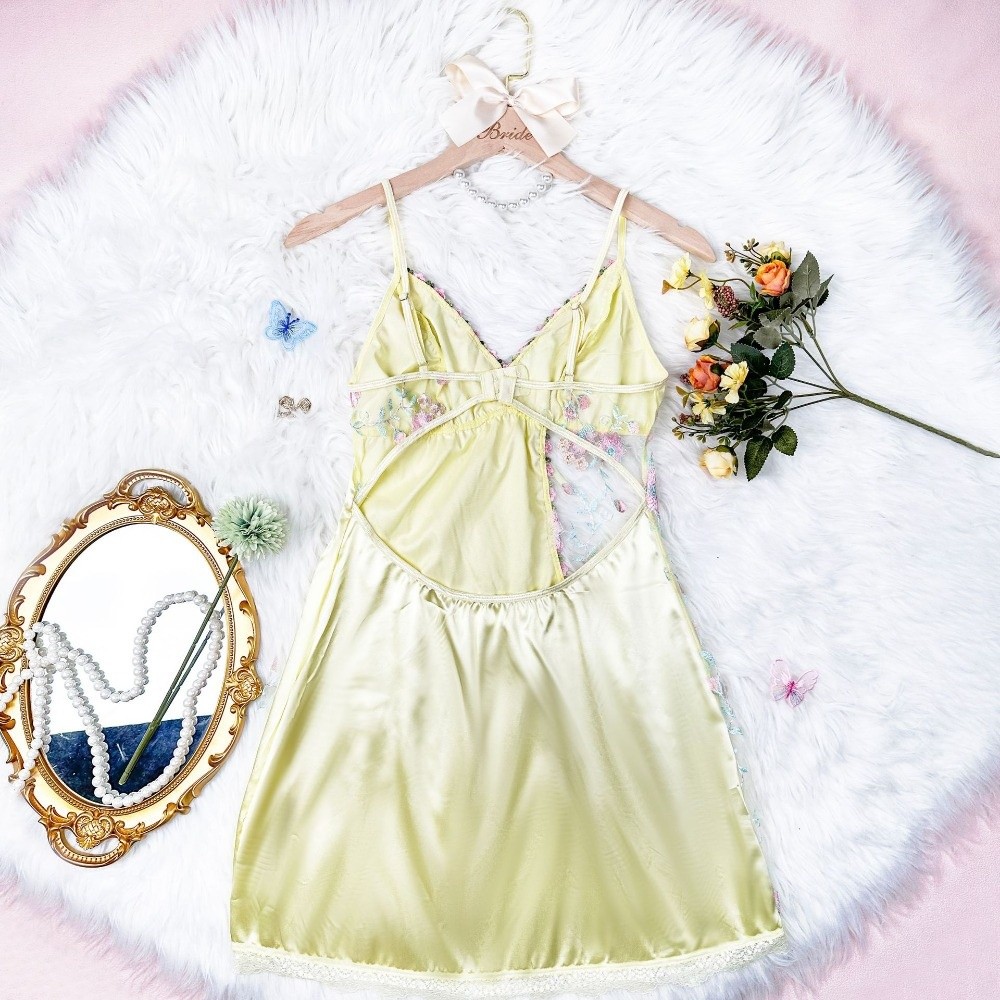 AliExpress Thin Lace Bow Women's Pajama Dress Embroidered Mesh Transparent Ice Silk Suspender Nightdress Split Sleepwear, view 2