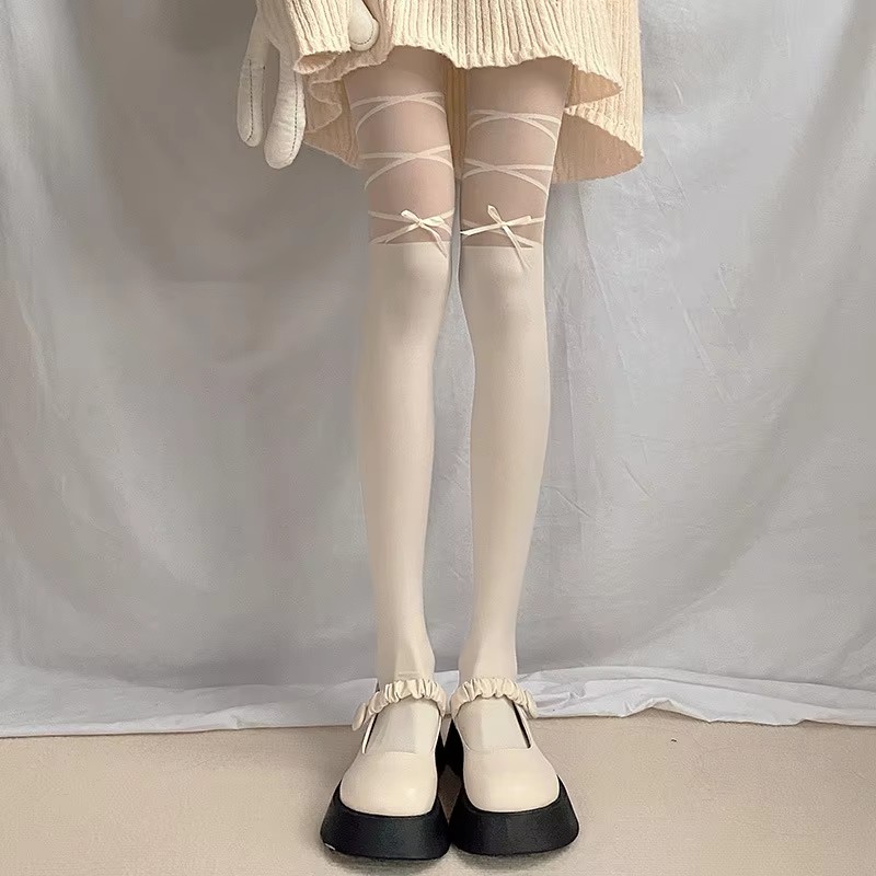 AliExpress Thin Stockings Women Bowknot Straps Lolita Cute Pantyhose Girls Long Tights Socks Black White Sexy Lingeries for Woman, view 4