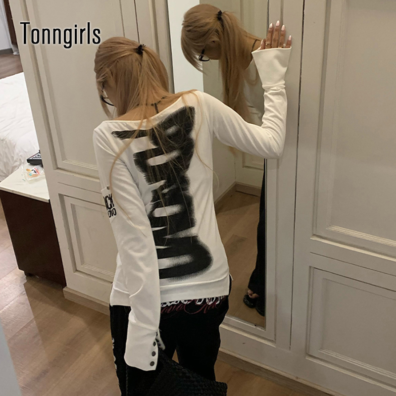AliExpress Tonngirls American Retro Print T-shirt Women Long Sleece Button Graphic Tops Y2k Tops 2000s Japanese Grunge Tops E-girls Autumn