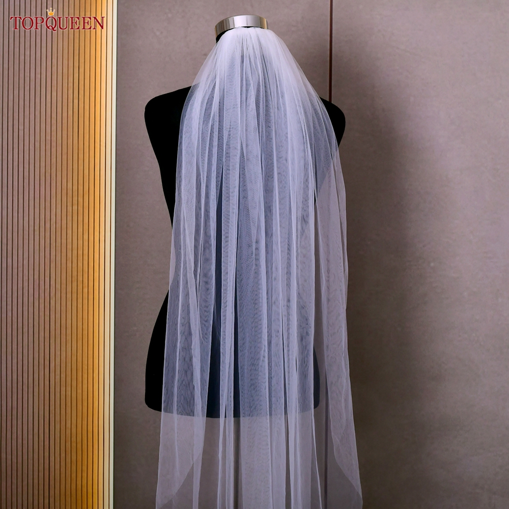 AliExpress TOPQUEEN V30 Classic Bridal Wedding Veils Plain Yarn 1 Tier Soft Wedding Long Veil with Comb Wedding Dress Accessories Black Red, view 4