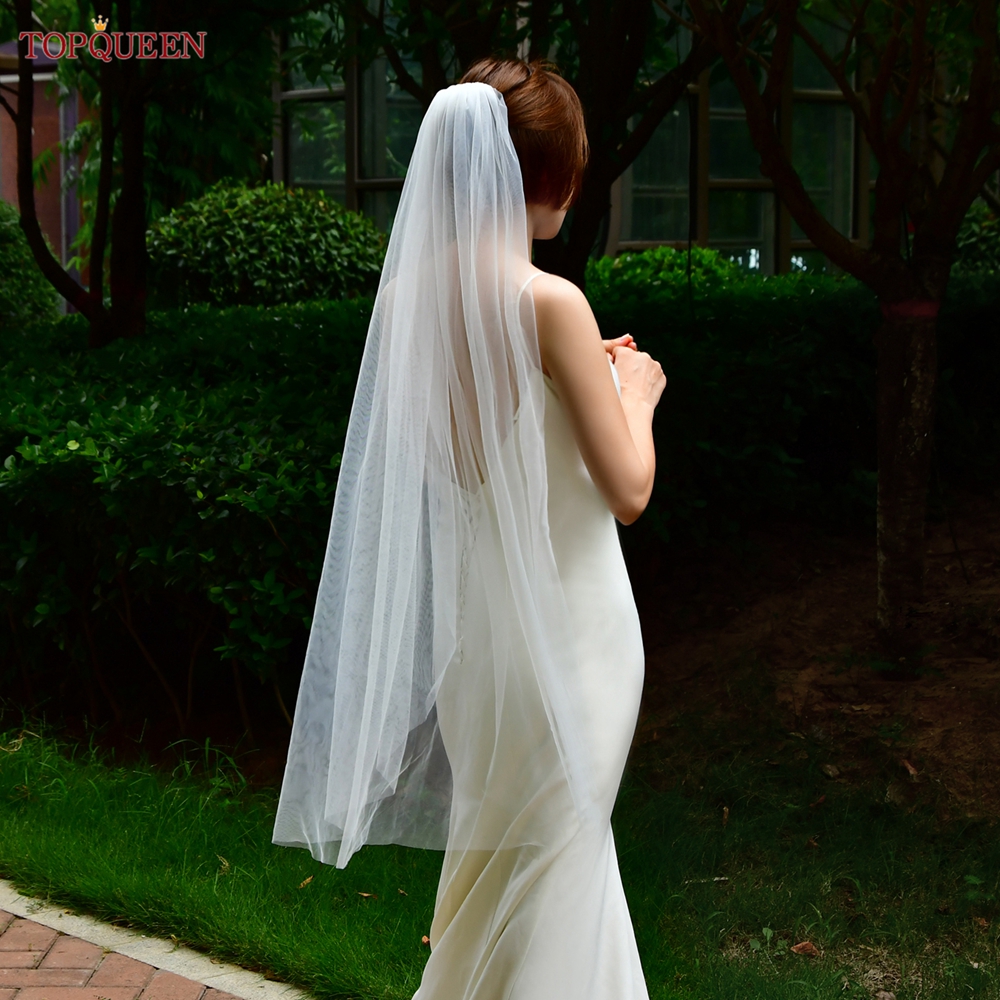 AliExpress TOPQUEEN V30 Classic Bridal Wedding Veils Plain Yarn 1 Tier Soft Wedding Long Veil with Comb Wedding Dress Accessories Black Red, view 5