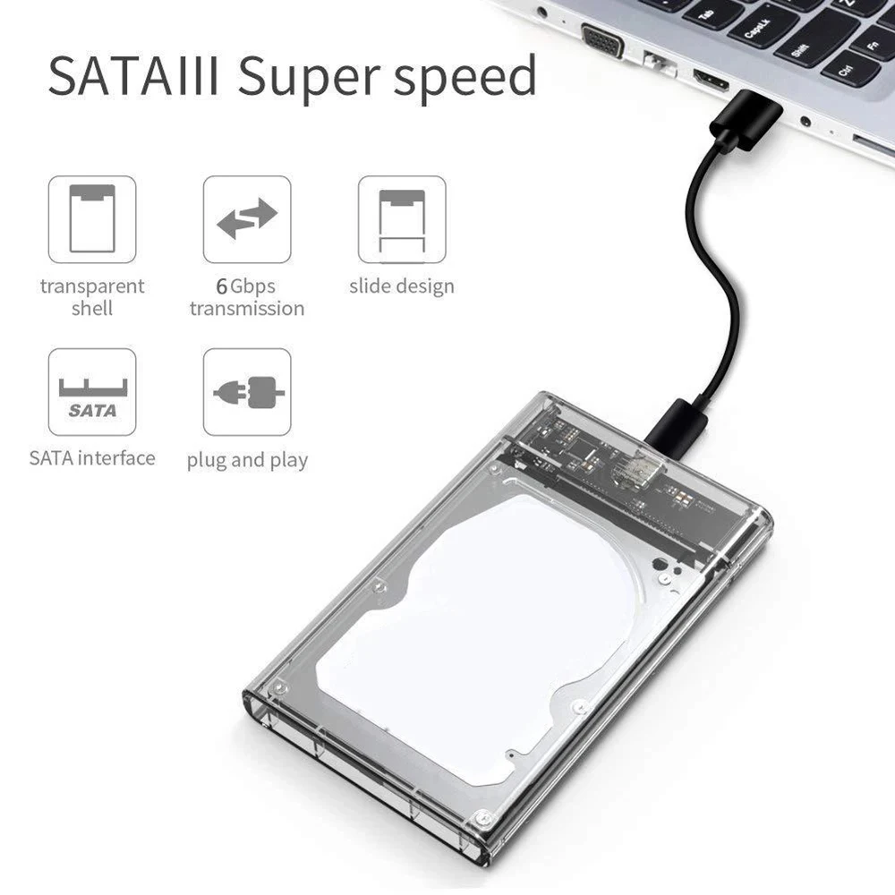 AliExpress Transparent 2.5 Inch HDD Enclosure SSD SATA to USB 3.0 Type-C 3.1 Portable External Hard Drive Case Tool-Free, view 3