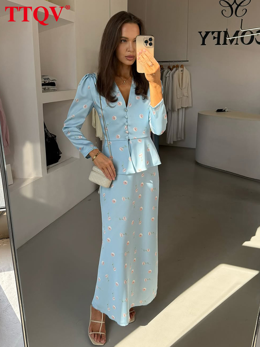 AliExpress TTQV Fashion Slim Print Women's Two Pieces Set 2026 Elegant Long Sleeve Shirt With High Waist Long Skirt Set Female Clothing