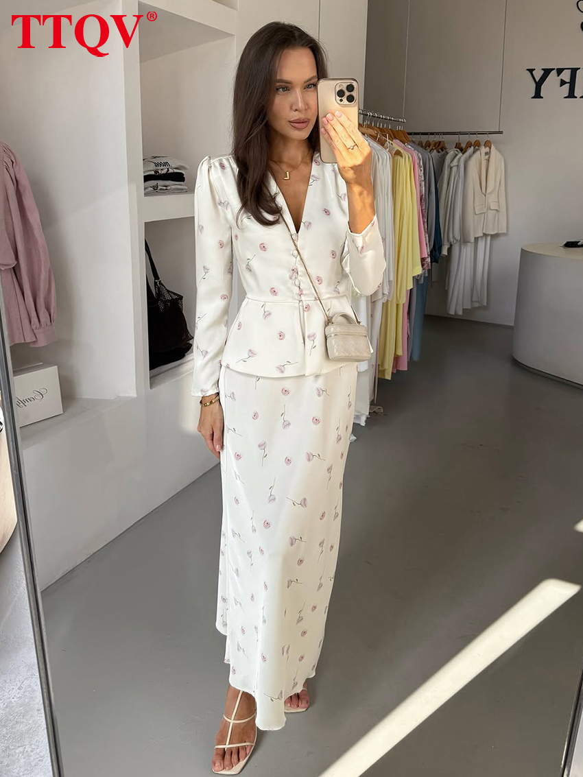 AliExpress TTQV Fashion Slim Print Women's Two Pieces Set 2026 Elegant Long Sleeve Shirt With High Waist Long Skirt Set Female Clothing, view 3