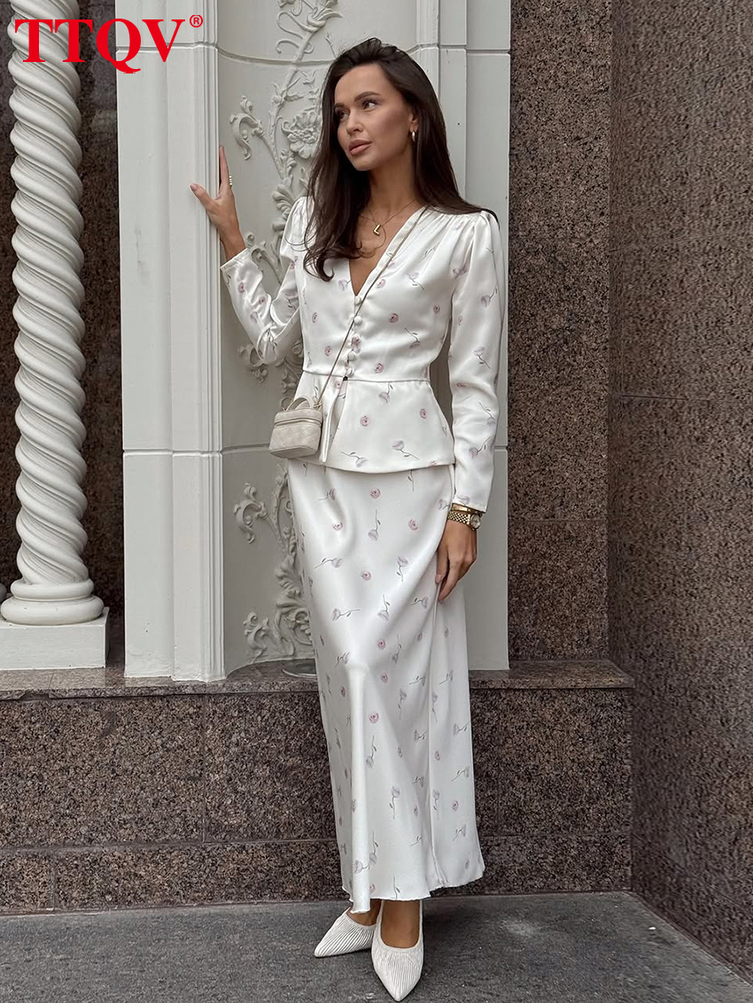 AliExpress TTQV Fashion Slim Print Women's Two Pieces Set 2026 Elegant Long Sleeve Shirt With High Waist Long Skirt Set Female Clothing, view 4