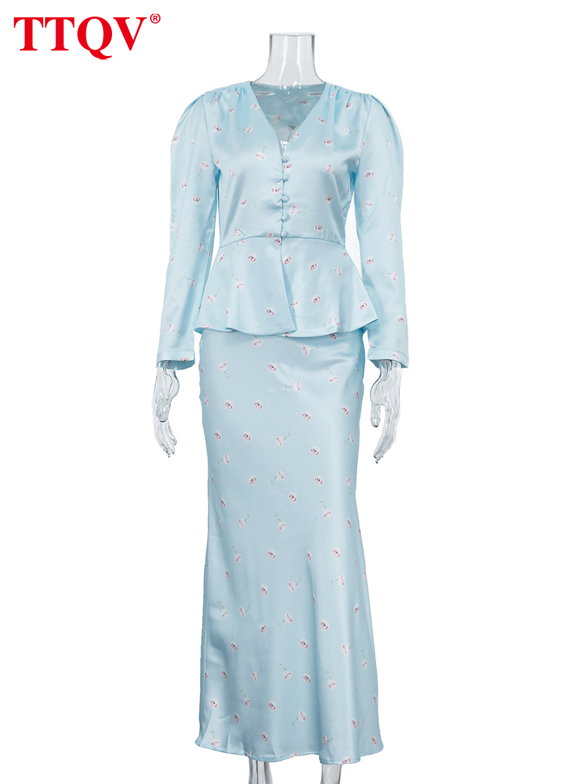 AliExpress TTQV Fashion Slim Print Women's Two Pieces Set 2026 Elegant Long Sleeve Shirt With High Waist Long Skirt Set Female Clothing, view 5