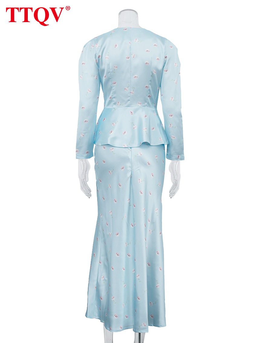 AliExpress TTQV Fashion Slim Print Women's Two Pieces Set 2026 Elegant Long Sleeve Shirt With High Waist Long Skirt Set Female Clothing, view 6