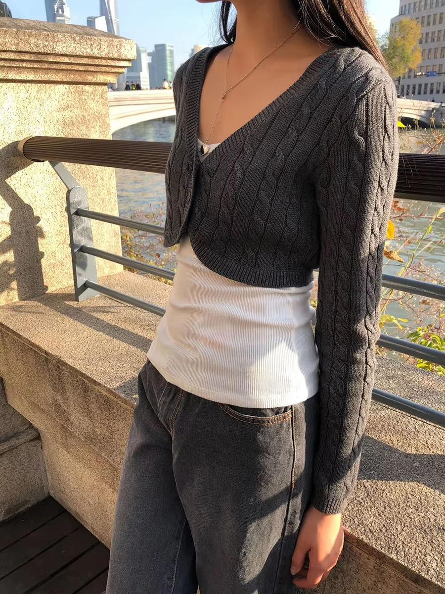 AliExpress Twisted Flower Cropped Knitwear Women Cotton V-neck Single Breasted Long Sleeve Slim Crop Tops Vintage Chic Sweater Cardigan Y2K, view 2