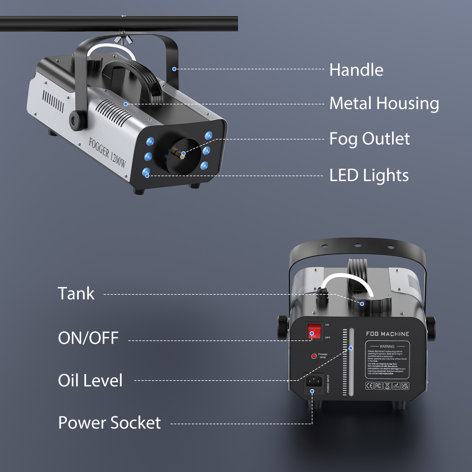 AliExpress U'King 1200W Fog Machine 6LEDs Remote Fogger Ejector Disco Colorful Smoke Machine DJ Christmas Party Effects Stage Light, view 5