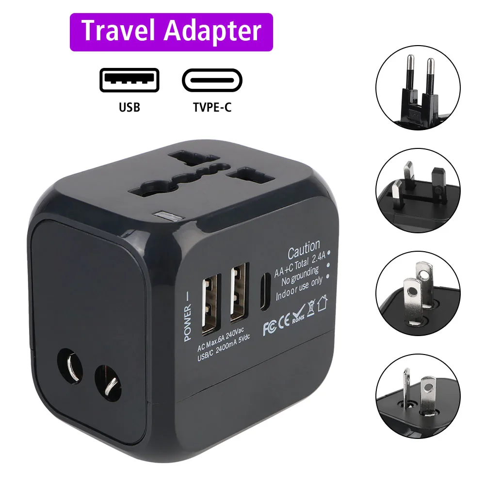 AliExpress Universal All-in-One Travel Adapter US EU UK AU Plug with 3 Ports (2USB +1 Type C), Fast Wall Charger for Worldwide Travel Use
