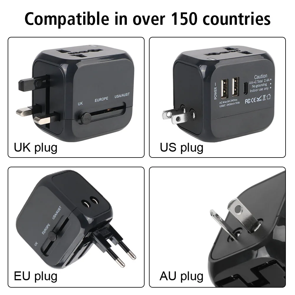 AliExpress Universal All-in-One Travel Adapter US EU UK AU Plug with 3 Ports (2USB +1 Type C), Fast Wall Charger for Worldwide Travel Use, view 3
