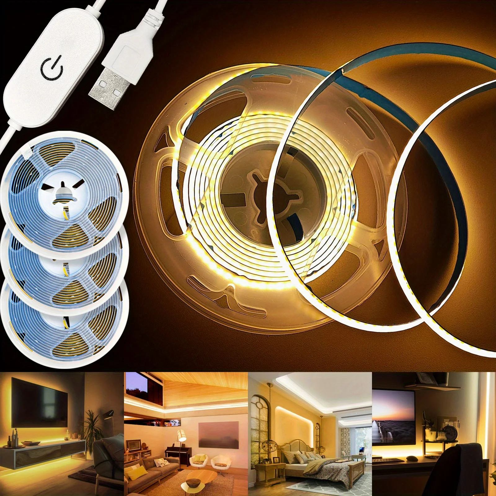 AliExpress USB 5V LED Strip Light COB Touch Dimmer Control Lamp High Density RA90 Flexible Tape Lights 320Leds/m For Home Cabinet Decor