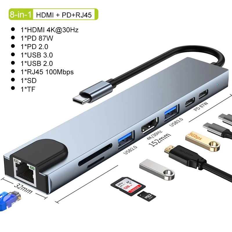 AliExpress USB C Hub 8In1 7in2 7in1 Type C 3.1 To 4K HDMI Adapter with RJ45 SD/TF Card Reader PD Fast Charge for MacBook Notebook Laptop