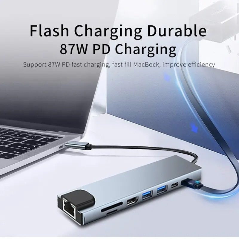 AliExpress USB C Hub 8In1 7in2 7in1 Type C 3.1 To 4K HDMI Adapter with RJ45 SD/TF Card Reader PD Fast Charge for MacBook Notebook Laptop, view 6