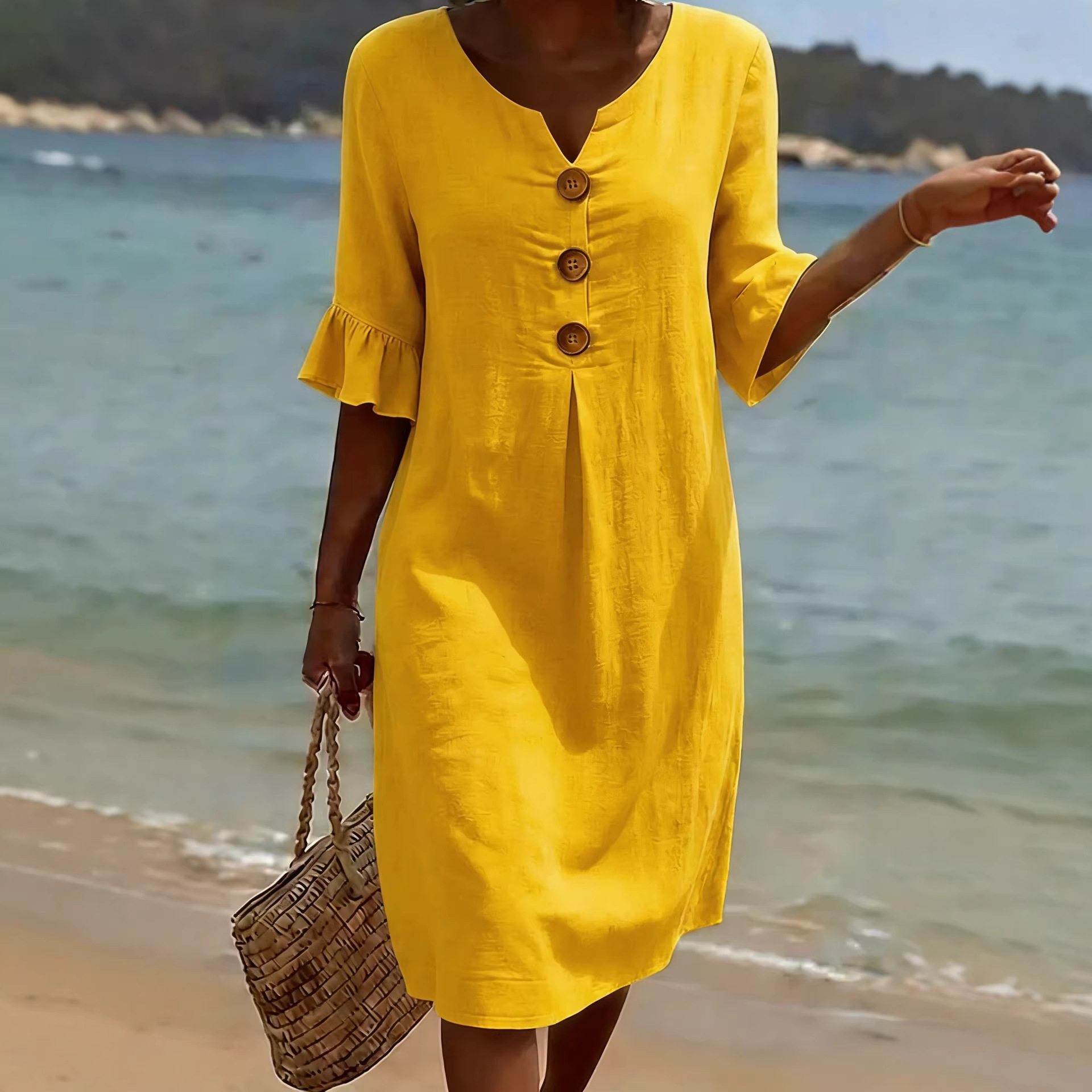 AliExpress V-neck Button Solid Color Casual New Beach Vacation Style Versatile Dress For Women's A-line Lace Short Sleeved Patchwork Skirt