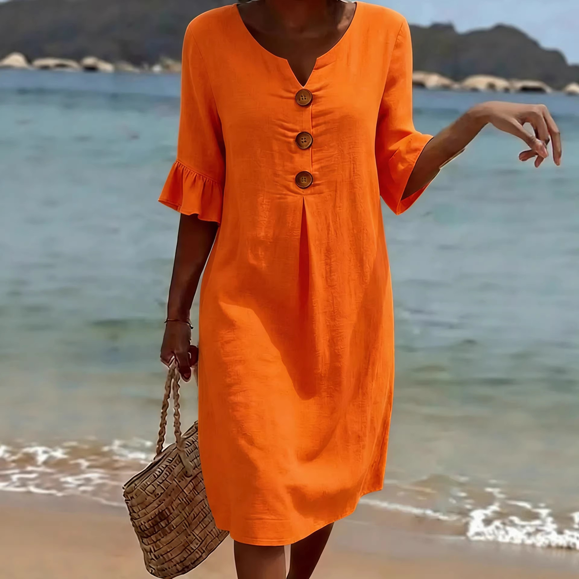 AliExpress V-neck Button Solid Color Casual New Beach Vacation Style Versatile Dress For Women's A-line Lace Short Sleeved Patchwork Skirt, view 2