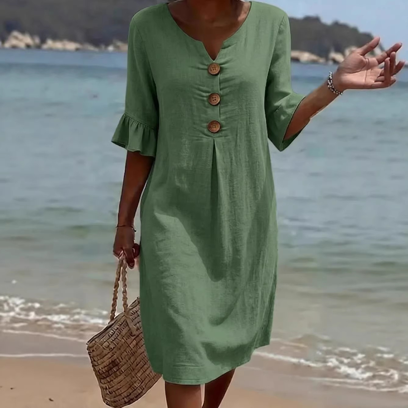 AliExpress V-neck Button Solid Color Casual New Beach Vacation Style Versatile Dress For Women's A-line Lace Short Sleeved Patchwork Skirt, view 3