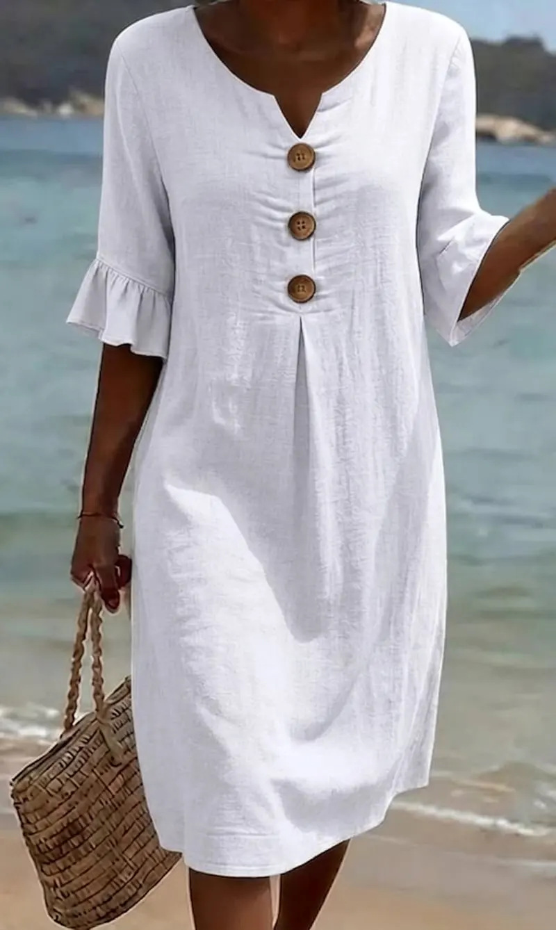 AliExpress V-neck Button Solid Color Casual New Beach Vacation Style Versatile Dress For Women's A-line Lace Short Sleeved Patchwork Skirt, view 4