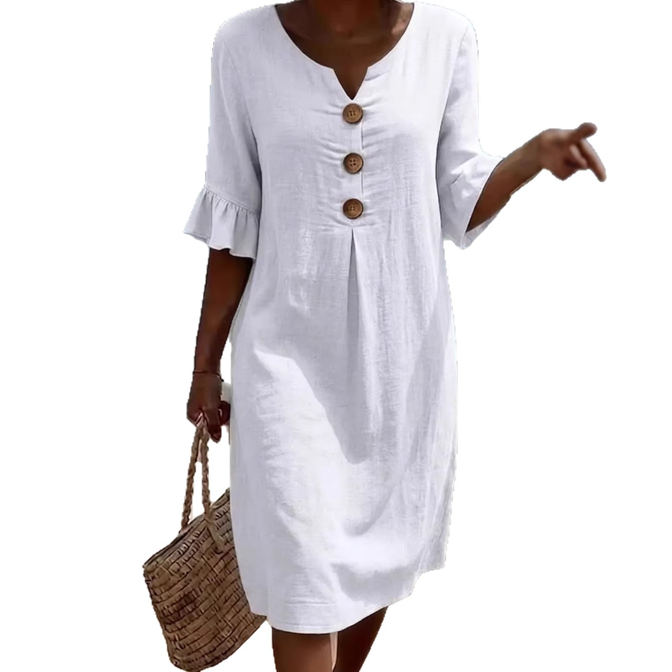 AliExpress V-neck Button Solid Color Casual New Beach Vacation Style Versatile Dress For Women's A-line Lace Short Sleeved Patchwork Skirt, view 5