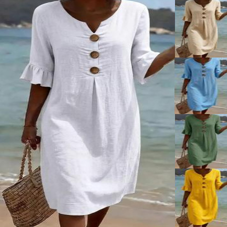 AliExpress V-neck Button Solid Color Casual New Beach Vacation Style Versatile Dress For Women's A-line Lace Short Sleeved Patchwork Skirt, view 6