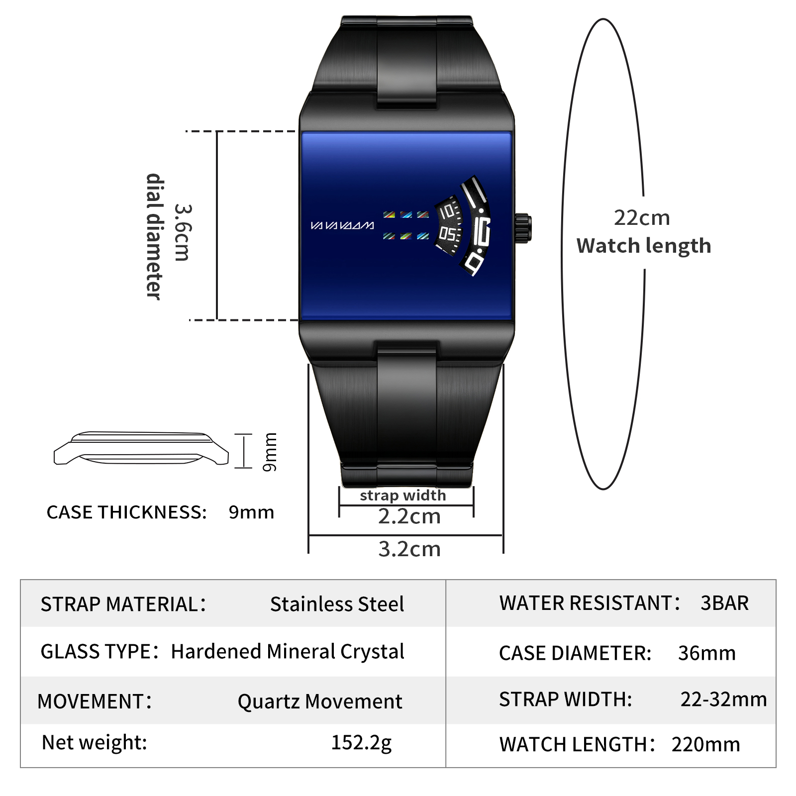 AliExpress VA VA VOOM Men's 36 mm Square Quartz Watch, view 4