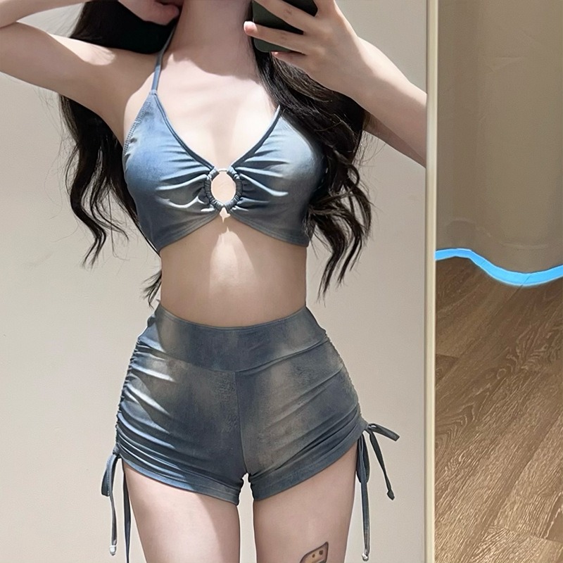 AliExpress Vacation American Sexy Tie Dye Blue Sports Split Flat Angle Bikini Cover Three Piece Set Hot Spring Vacation Swimsuit for Women, view 4