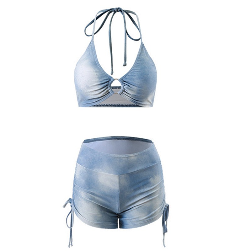 AliExpress Vacation American Sexy Tie Dye Blue Sports Split Flat Angle Bikini Cover Three Piece Set Hot Spring Vacation Swimsuit for Women, view 6