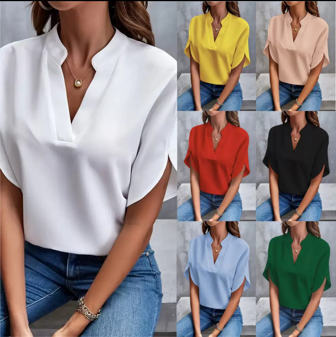 AliExpress VEITCHE Summer Women Casual Solid Blouse Women Fashion V-neck Half Sleeve Shirts Office Elegant Pullover Loose Blusas Tops, view 2