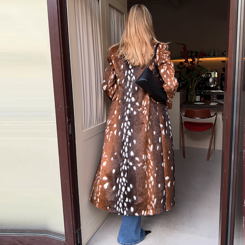 AliExpress Vintage Deer Print Faux Fur Coat For Women Long Length Notched Lapel Double Breasted Oversized Warm Winter Streetwear Outerwear, view 4