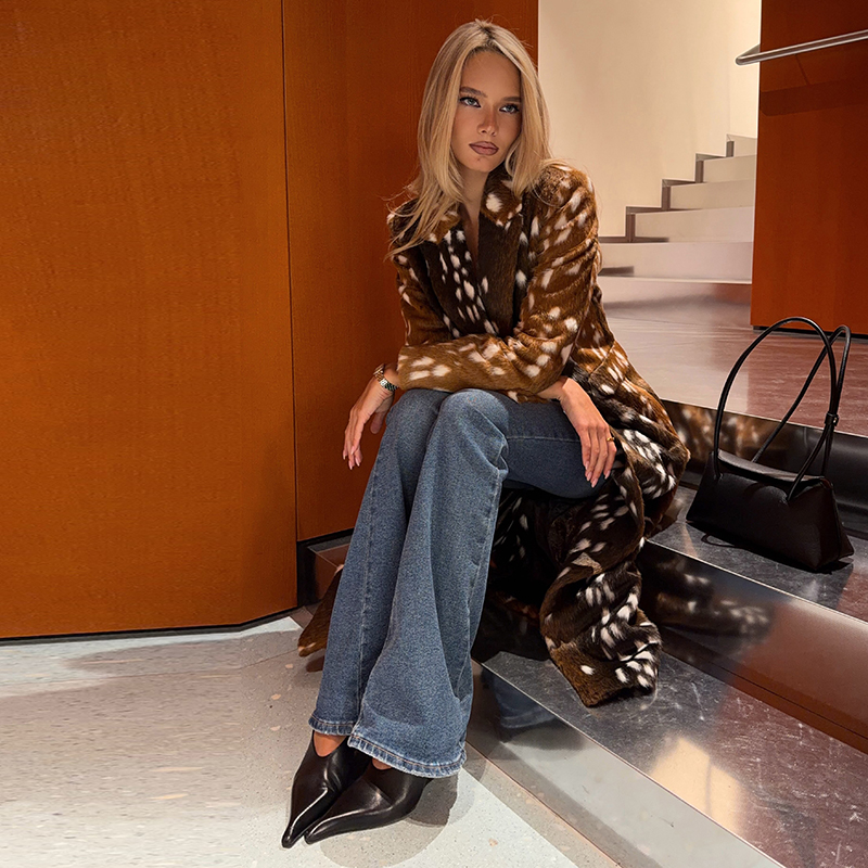 AliExpress Vintage Deer Print Faux Fur Coat For Women Long Length Notched Lapel Double Breasted Oversized Warm Winter Streetwear Outerwear, view 6