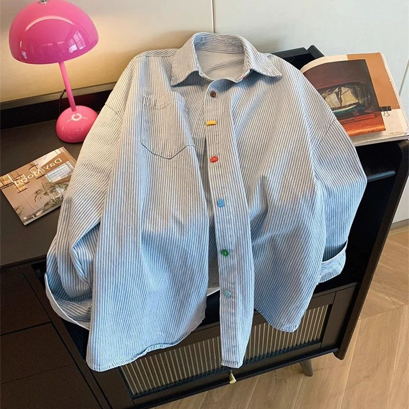 AliExpress Vintage Denim Striped Oversized Shirt Beautiful Women's Blouses in Promotions Collared Shirt for Women's Spring Long Sleeved Top