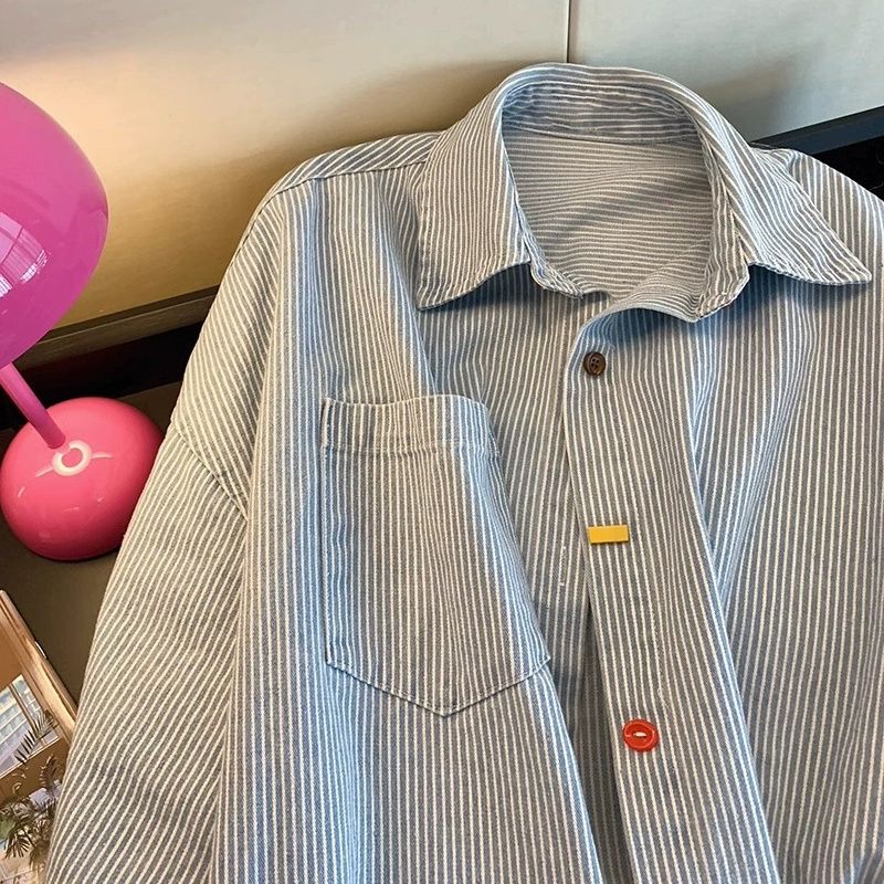 AliExpress Vintage Denim Striped Oversized Shirt Beautiful Women's Blouses in Promotions Collared Shirt for Women's Spring Long Sleeved Top, view 2