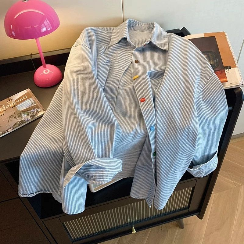 AliExpress Vintage Denim Striped Oversized Shirt Beautiful Women's Blouses in Promotions Collared Shirt for Women's Spring Long Sleeved Top, view 4