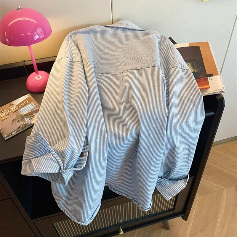 AliExpress Vintage Denim Striped Oversized Shirt Beautiful Women's Blouses in Promotions Collared Shirt for Women's Spring Long Sleeved Top, view 5