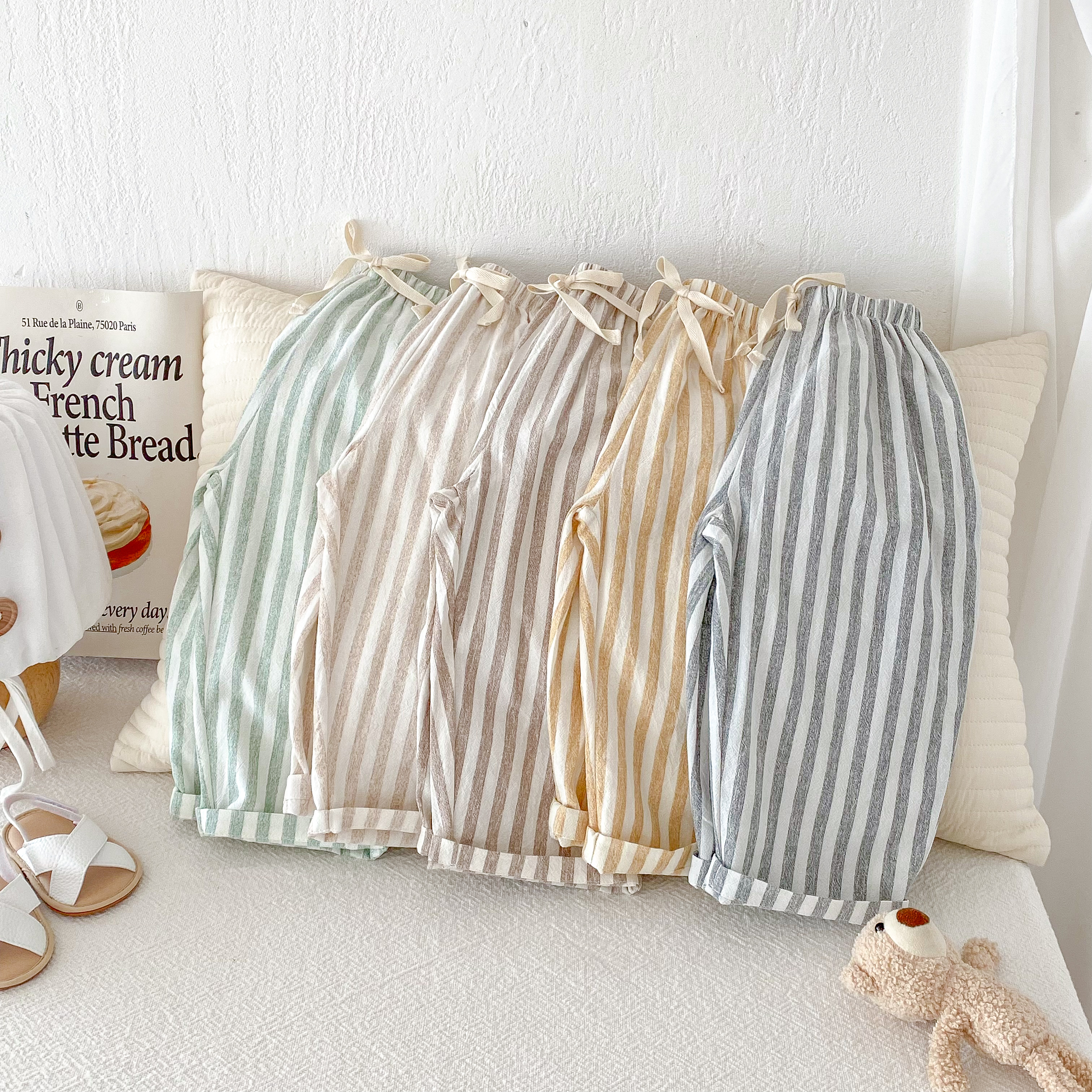 AliExpress Vintage Linen Cotton Stripe Pants for Boys Casual Pocket Design Elastics Waist Pants for Toddler Girl Clothing Children Trousers, view 2