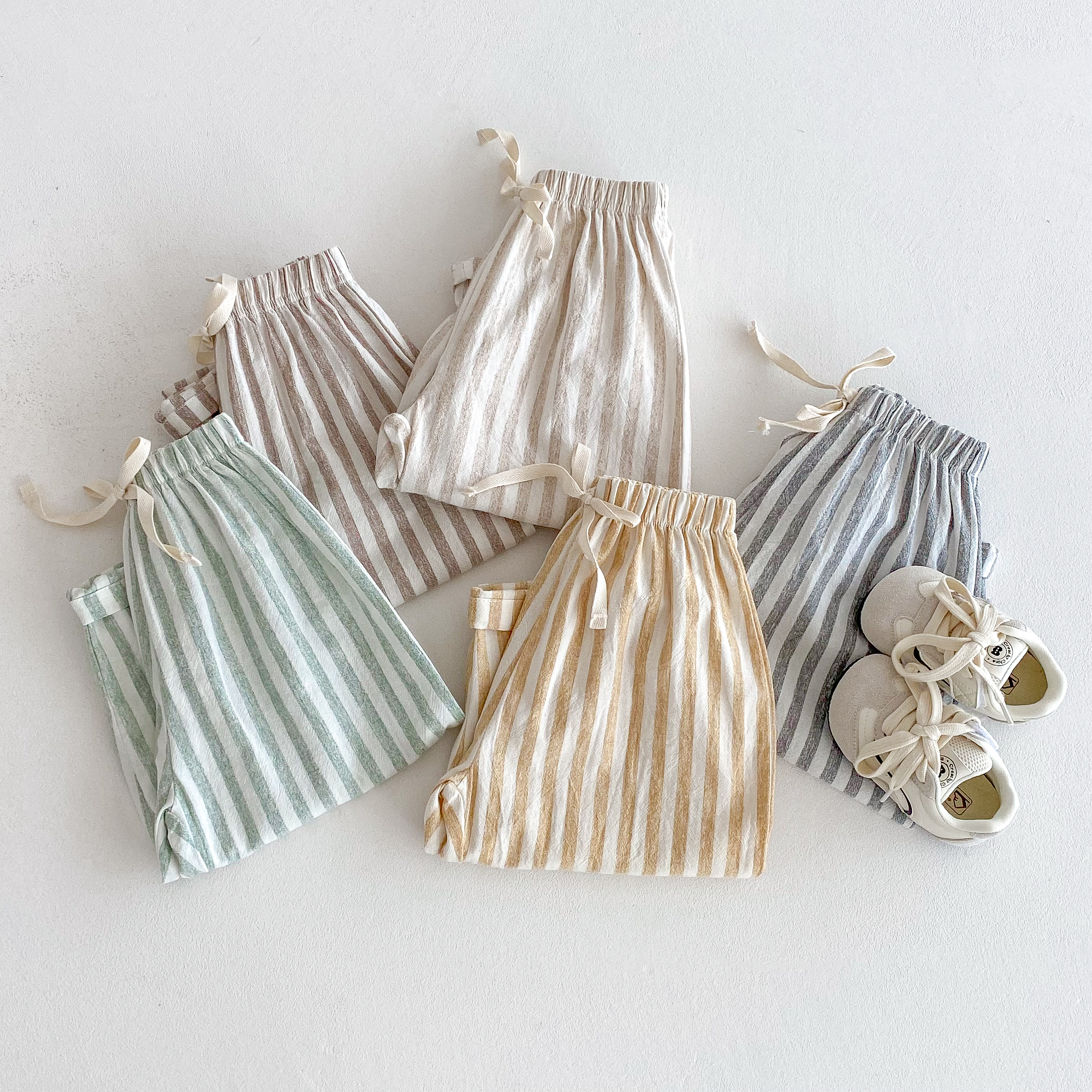 AliExpress Vintage Linen Cotton Stripe Pants for Boys Casual Pocket Design Elastics Waist Pants for Toddler Girl Clothing Children Trousers, view 6