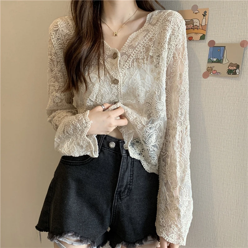 AliExpress Vintage Summer Lace Blouses Women See Through Sheer Long Sleeve Sun Shirts Korean Style Casual Sun Protection Sexy Ladies Tops