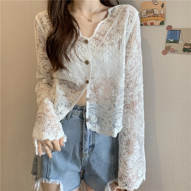 AliExpress Vintage Summer Lace Blouses Women See Through Sheer Long Sleeve Sun Shirts Korean Style Casual Sun Protection Sexy Ladies Tops, view 2