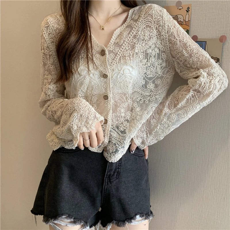 AliExpress Vintage Summer Lace Blouses Women See Through Sheer Long Sleeve Sun Shirts Korean Style Casual Sun Protection Sexy Ladies Tops, view 3