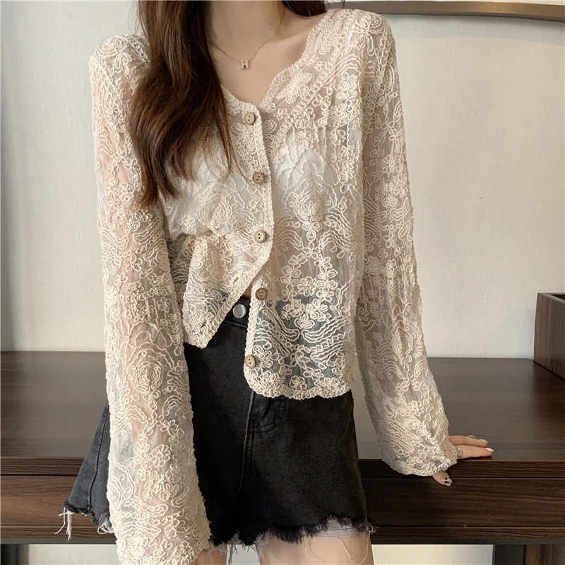 AliExpress Vintage Summer Lace Blouses Women See Through Sheer Long Sleeve Sun Shirts Korean Style Casual Sun Protection Sexy Ladies Tops, view 5