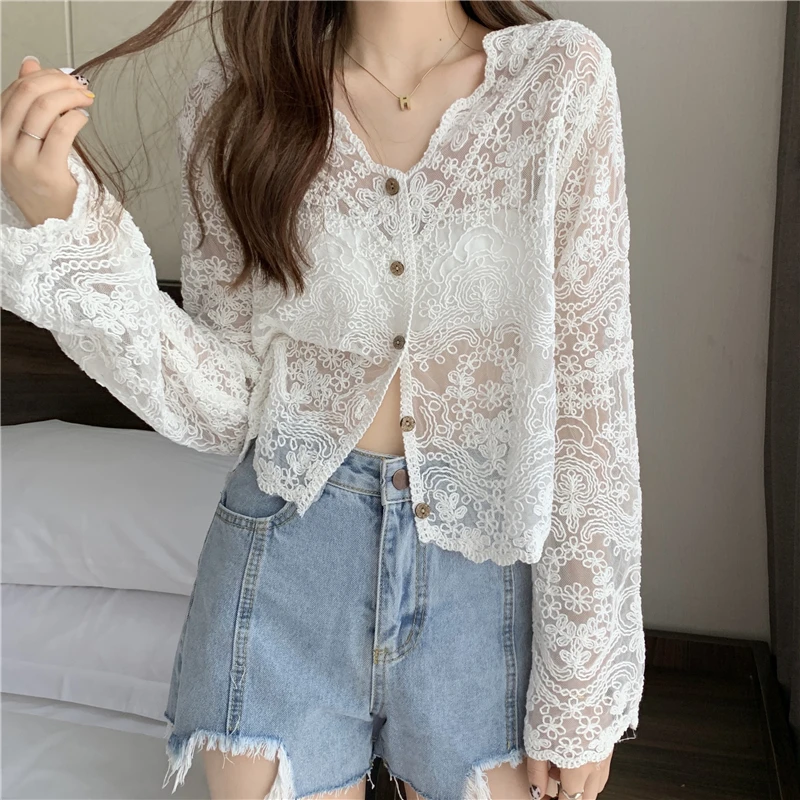 AliExpress Vintage Summer Lace Blouses Women See Through Sheer Long Sleeve Sun Shirts Korean Style Casual Sun Protection Sexy Ladies Tops, view 6