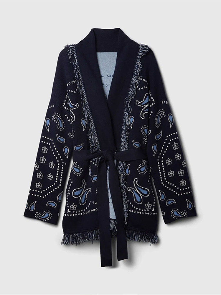 AliExpress Vintage Tassels Print Women's Print Cardigan V-Neck Lace Up Full Sleeve Spliced Sweaters 2025 Autumn Lady All-match Kintwears
