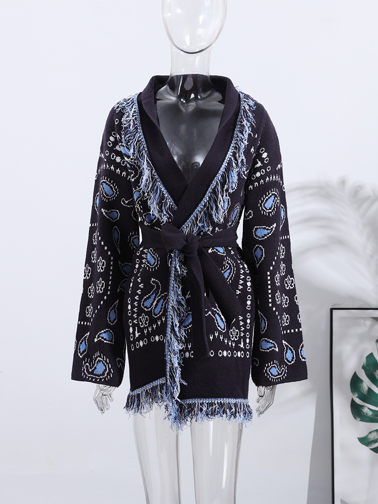 AliExpress Vintage Tassels Print Women's Print Cardigan V-Neck Lace Up Full Sleeve Spliced Sweaters 2025 Autumn Lady All-match Kintwears, view 2
