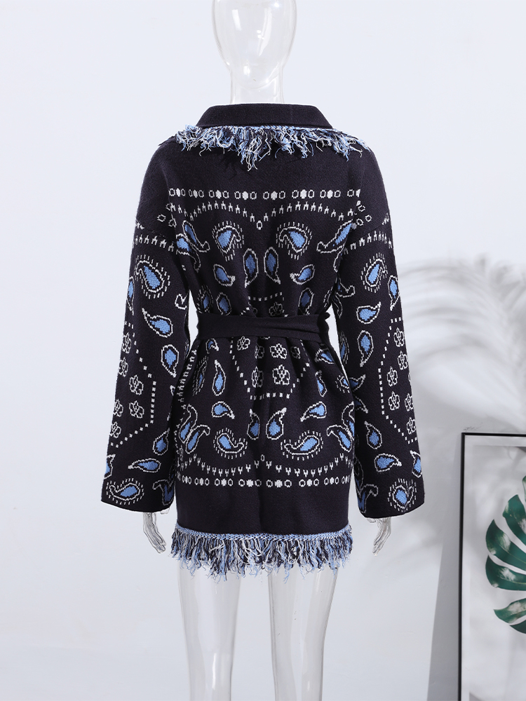 AliExpress Vintage Tassels Print Women's Print Cardigan V-Neck Lace Up Full Sleeve Spliced Sweaters 2025 Autumn Lady All-match Kintwears, view 3