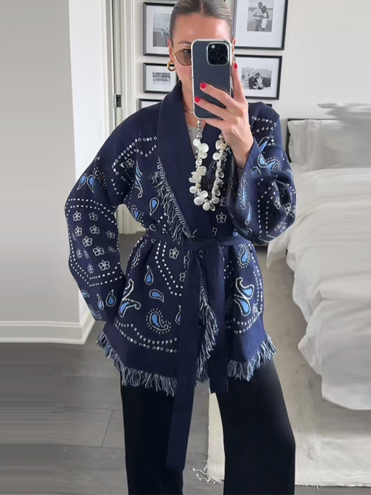 AliExpress Vintage Tassels Print Women's Print Cardigan V-Neck Lace Up Full Sleeve Spliced Sweaters 2025 Autumn Lady All-match Kintwears, view 6