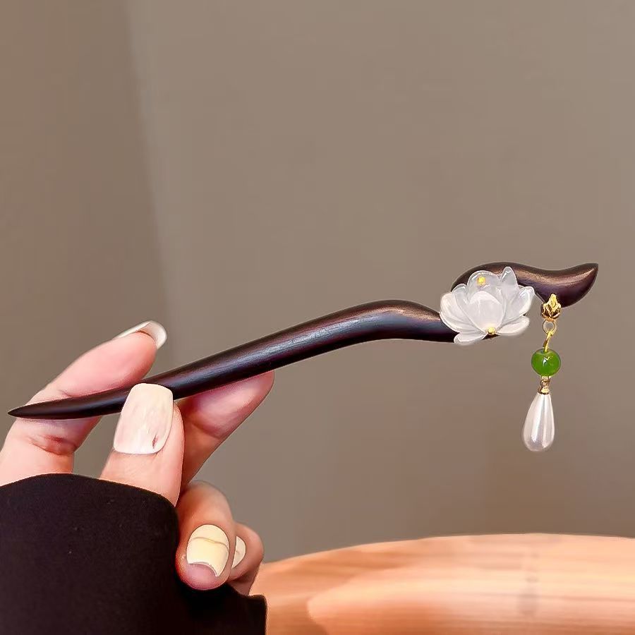 AliExpress White Lotus Wooden Hairpin with Fringe, view 2